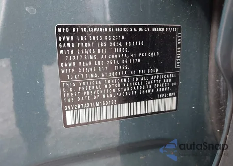 2020 Volkswagen Tiguan 2.0T Se/2.0T Se R-Line Black/2.0T Sel из США, поврежденный, VIN 3VV2B7AX7LM150133